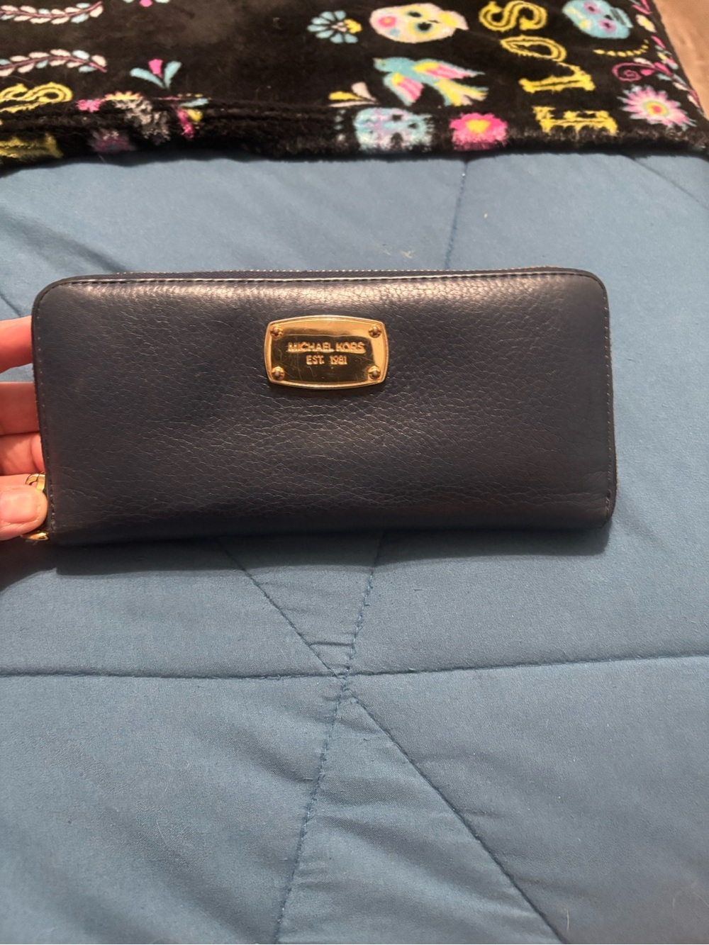 Michael Kors Navy Leather Zip Wallet with Gold Plaque